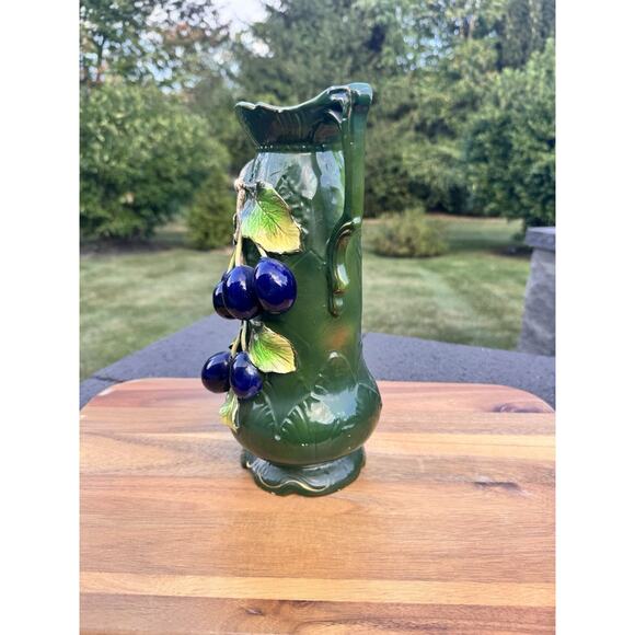Vintage Josef Strnact Art Nouveau Majolica Vase With Grapes On Branches 11” Tall - Picture 3 of 12
